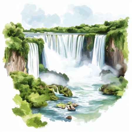 Iguazu Falls. Iguazu Falls hand drawn watercolor illustration on white backgroundの写真素材