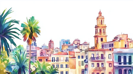 Montevideo - Ciudad Vieja. Montevideo - Ciudad Vieja hand drawn watercolor illustration on white backgroundの写真素材