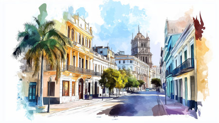 Montevideo - Ciudad Vieja. Montevideo - Ciudad Vieja hand drawn watercolor illustration on white backgroundの写真素材
