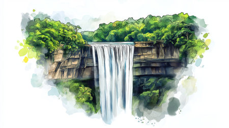 Orinduik Falls. Orinduik Falls hand drawn watercolor illustration on white backgroundの写真素材
