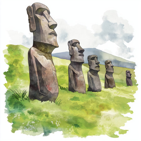 Rano Raraku. Rano Raraku hand drawn watercolor illustration on white backgroundの写真素材