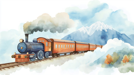 Train to the Clouds. Train to the Clouds hand drawn watercolor illustration on white background