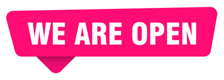 we are open sign. we are open magenta sticker isolated on transpatent background