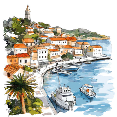 Hvar. Hvar hand drawn watercolor vector illustrationのイラスト素材