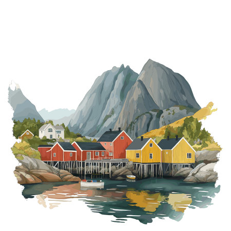 Lofoten Islands. Lofoten Islands hand drawn watercolor vector illustrationのイラスト素材