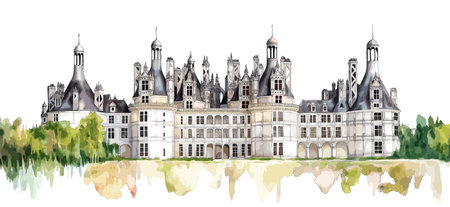 Chateau de Chambord. Chateau de Chambord hand drawn watercolor vector illustrationのイラスト素材