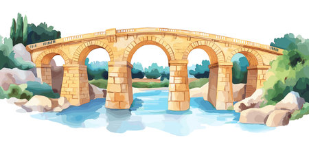 Pont du Gard. Pont du Gard hand drawn watercolor vector illustrationのイラスト素材