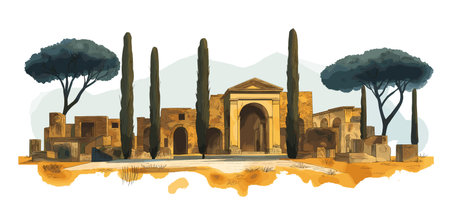 Pompeii Ruins. Pompeii Ruins hand drawn watercolor vector illustrationのイラスト素材