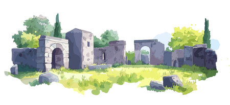 Pompeii Ruins. Pompeii Ruins hand drawn watercolor vector illustrationのイラスト素材