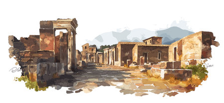 Pompeii Ruins. Pompeii Ruins hand drawn watercolor vector illustrationのイラスト素材
