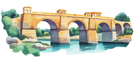 Pont du Gard. Pont du Gard hand drawn watercolor vector illustrationのイラスト素材