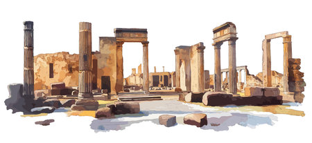 Pompeii Ruins. Pompeii Ruins hand drawn watercolor vector illustrationのイラスト素材