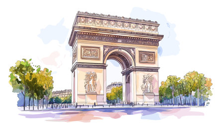 Arc de Triomphe. Arc de Triomphe hand drawn watercolor vector illustrationのイラスト素材