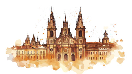 Cathedral of Santiago de Compostela. Cathedral of Santiago de Compostela hand drawn watercolor vector illustrationのイラスト素材
