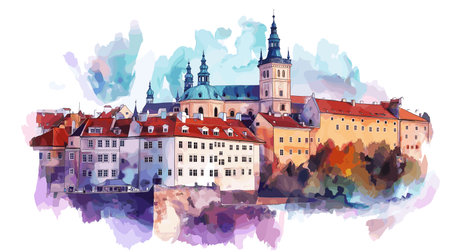 Cesky Krumlov. Cesky Krumlov hand drawn watercolor vector illustrationのイラスト素材