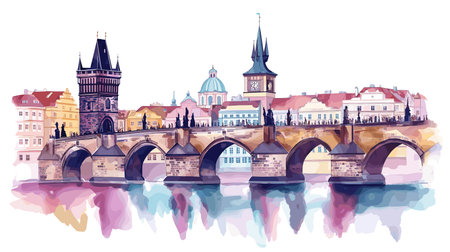 Charles Bridge. Charles Bridge hand drawn watercolor vector illustrationのイラスト素材