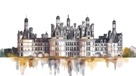 Chateau de Chambord. Chateau de Chambord hand drawn watercolor vector illustrationのイラスト素材