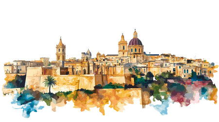 Mdina Old Town. Mdina Old Town hand drawn watercolor vector illustrationのイラスト素材
