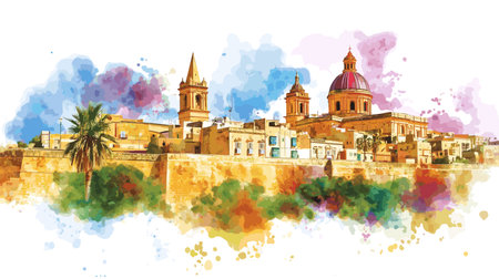 Mdina Old Town. Mdina Old Town hand drawn watercolor vector illustrationのイラスト素材