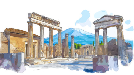 Pompeii Ruins. Pompeii Ruins hand drawn watercolor vector illustrationのイラスト素材