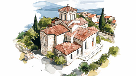 Saint John at Kaneo. Saint John at Kaneo hand drawn watercolor vector illustrationのイラスト素材