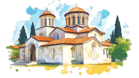 Studenica Monastery. Studenica Monastery hand drawn watercolor vector illustrationのイラスト素材
