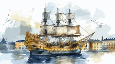 Vasa Museum. Vasa Museum hand drawn watercolor vector illustrationのイラスト素材