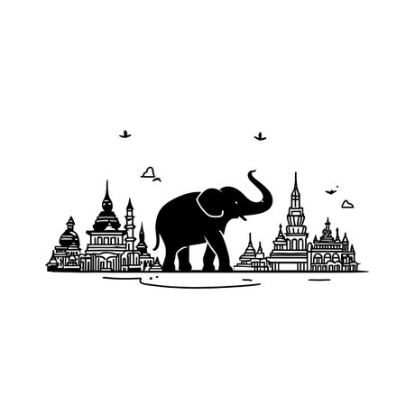 Asian Elephant simple black and white line art vector logo. Asian Elephantのイラスト素材