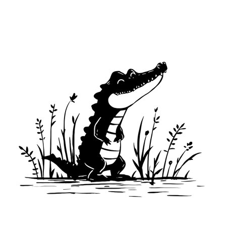 Crocodile simple black and white line art vector logo. Crocodileのイラスト素材