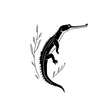 Gharial simple black and white line art vector logo. Gharialのイラスト素材