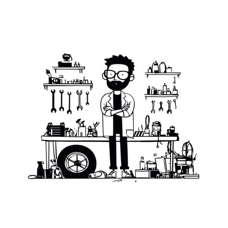 Mechanic simple black and white line art vector logo. Mechanicのイラスト素材