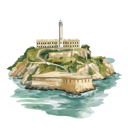 Alcatraz Island. Alcatraz Island hand drawn watercolor illustration on white backgroundのイラスト素材