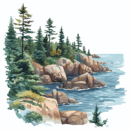 Acadia National Park. Acadia National Park hand drawn watercolor illustration on white backgroundのイラスト素材
