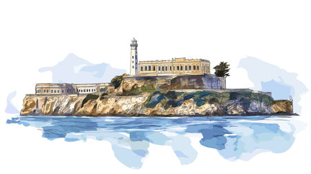 Alcatraz Island. Alcatraz Island hand drawn watercolor illustration on white backgroundのイラスト素材