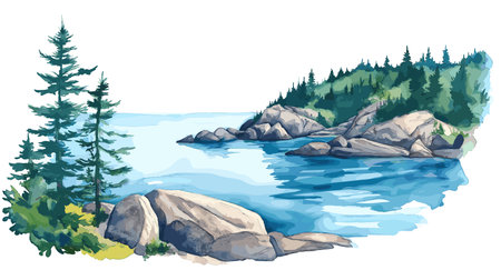 Acadia National Park. Acadia National Park hand drawn watercolor illustration on white backgroundのイラスト素材
