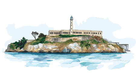 Alcatraz Island. Alcatraz Island hand drawn watercolor illustration on white backgroundのイラスト素材