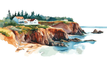 Bay of Fundy. Bay of Fundy hand drawn watercolor illustration on white backgroundのイラスト素材