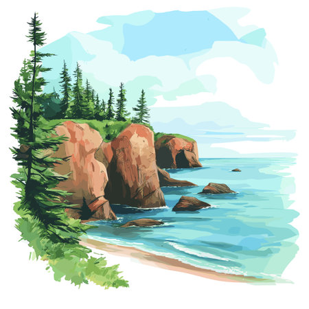 Bay of Fundy. Bay of Fundy hand drawn watercolor illustration on white backgroundのイラスト素材