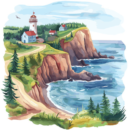 Bay of Fundy. Bay of Fundy hand drawn watercolor illustration on white backgroundのイラスト素材