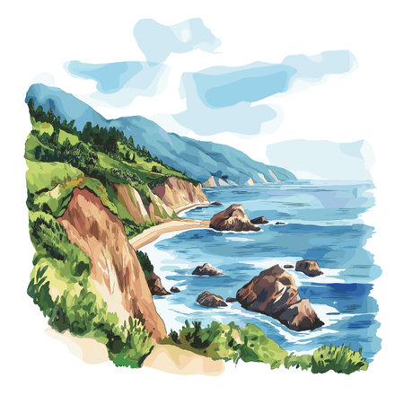 Big Sur Coastline. Big Sur Coastline hand drawn watercolor illustration on white backgroundのイラスト素材