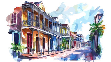 Bourbon Street. Bourbon Street hand drawn watercolor illustration on white backgroundのイラスト素材