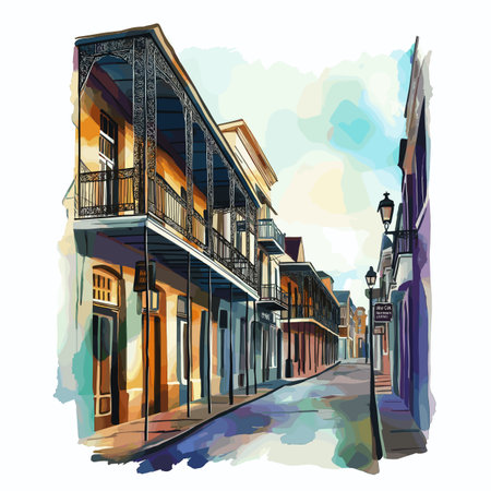 Bourbon Street. Bourbon Street hand drawn watercolor illustration on white backgroundのイラスト素材