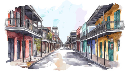 Bourbon Street. Bourbon Street hand drawn watercolor illustration on white backgroundのイラスト素材
