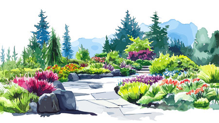 Butchart Gardens. Butchart Gardens hand drawn watercolor illustration on white backgroundのイラスト素材