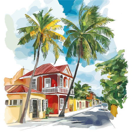 Bridgetown Historic District. Bridgetown Historic District hand drawn watercolor illustration on white backgroundのイラスト素材
