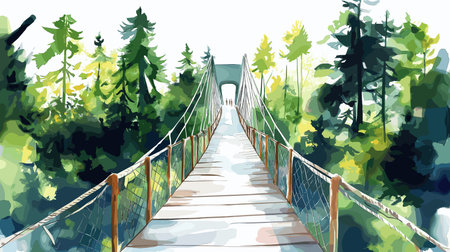 Capilano Suspension Bridge Park. Capilano Suspension Bridge Park hand drawn watercolor illustration on white backgroundのイラスト素材