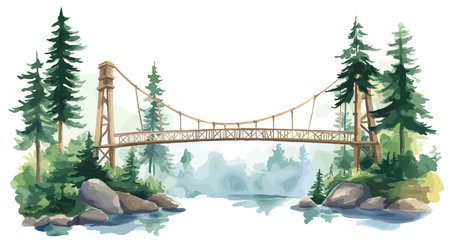 Capilano Suspension Bridge Park. Capilano Suspension Bridge Park hand drawn watercolor illustration on white backgroundのイラスト素材