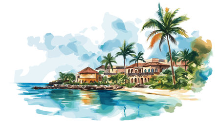 Cancun. Cancun hand drawn watercolor illustration on white backgroundのイラスト素材