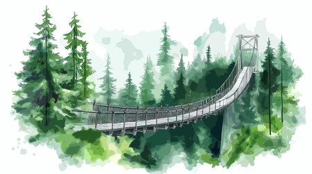 Capilano Suspension Bridge Park. Capilano Suspension Bridge Park hand drawn watercolor illustration on white backgroundのイラスト素材