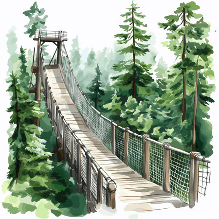 Capilano Suspension Bridge Park. Capilano Suspension Bridge Park hand drawn watercolor illustration on white backgroundのイラスト素材